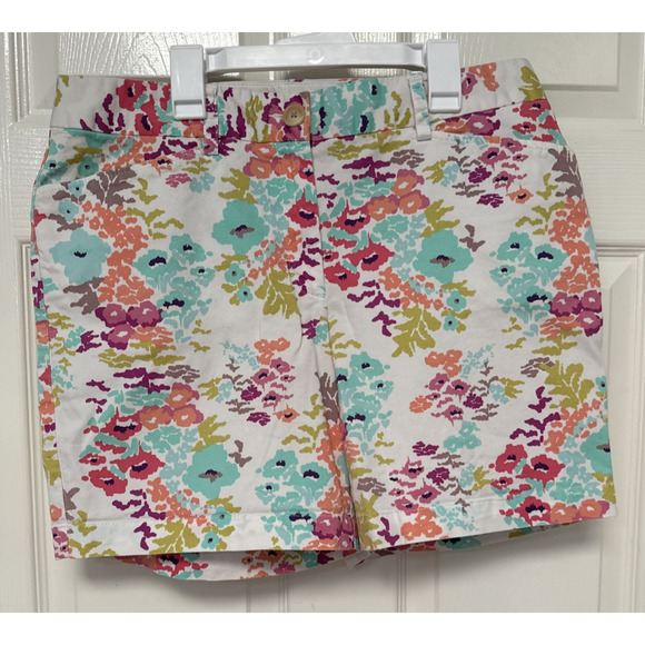 Lands End Comfort Mid Rise Short Floral print Mauve, Ivory, Aqua and Peach in Wo - Picture 2 of 13